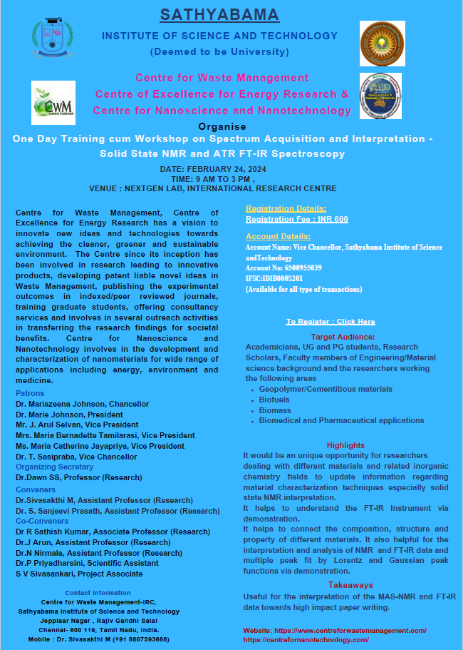 One Day Training cum Workshop on Spectrum Acquisition and Interpretation -Solid State NMR and ATR FT-IR Spectroscopy 2024